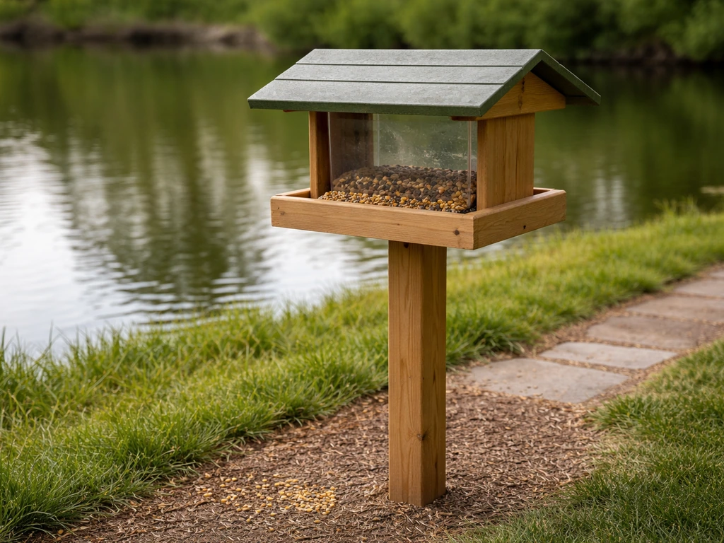 Bird feeder mounted under a small roofed stand beside a pond, positioned away to prevent seed falling in water.