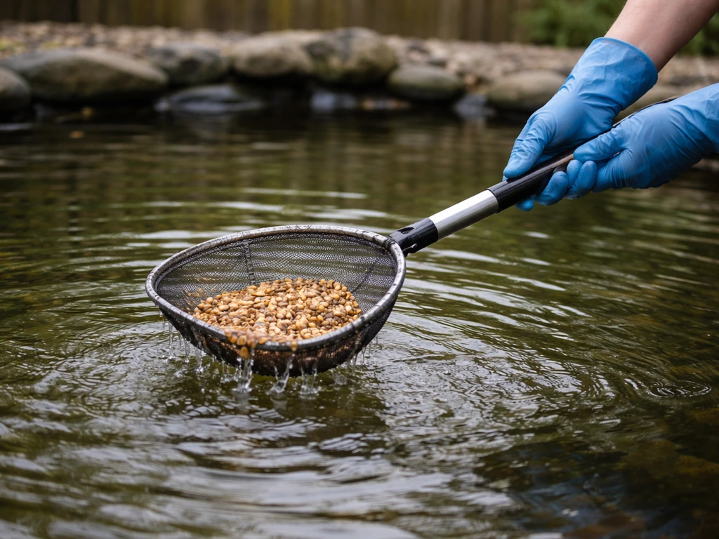 Hands using a fine mesh skimmer to pull floating bird seed from an outdoor pond