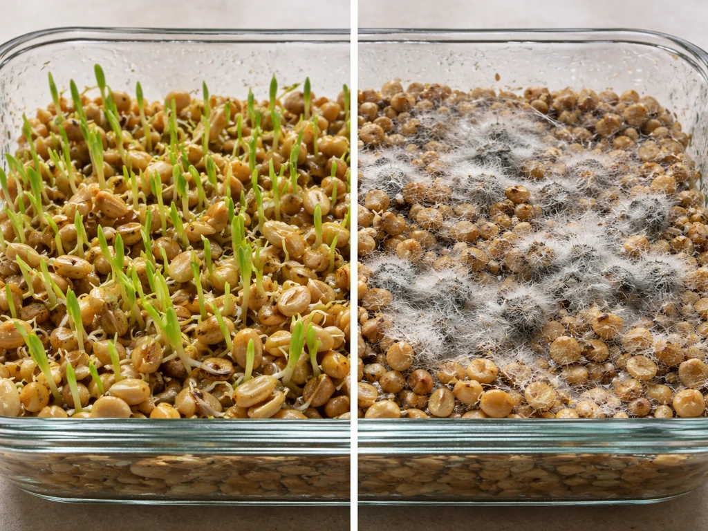Close-up split view: green sprouts with roots on one side, fuzzy mold and slight webbing on the other.