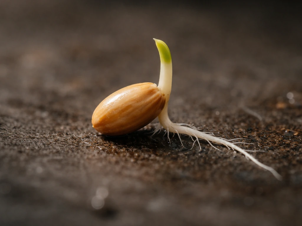 Close-up of sprouted bird seed with a tiny green shoot and fine white root emerging
