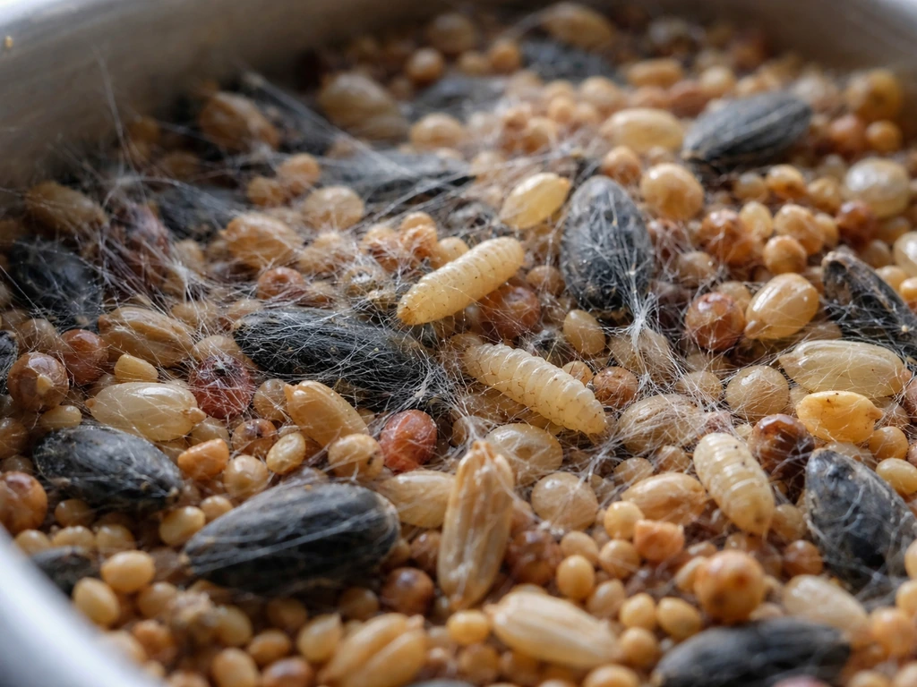 Macro close-up of bird seed with fine silky webbing and small cream larvae/casings.