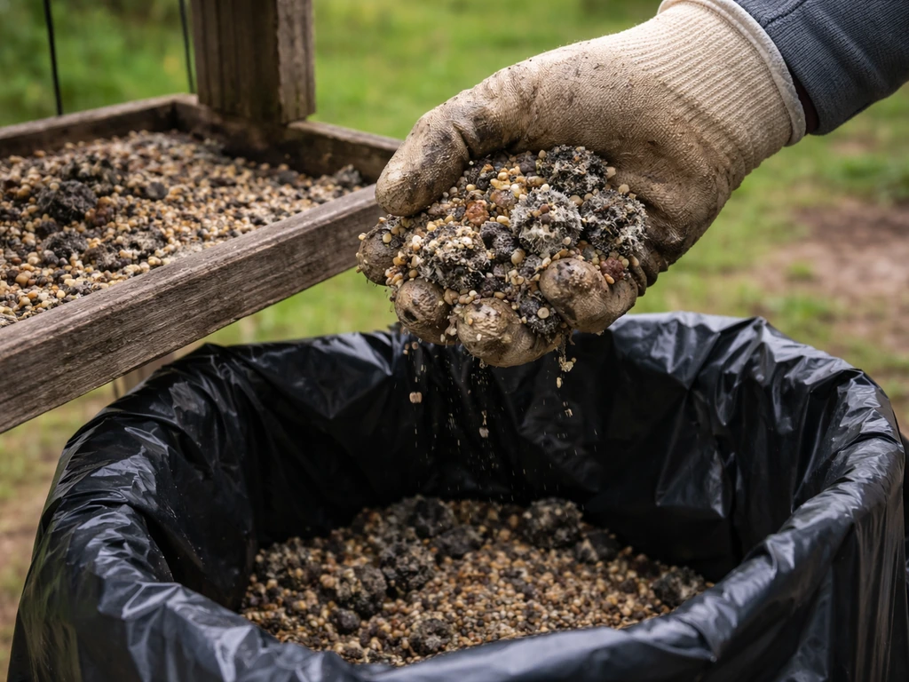 Gloved hand removing moldy bird seed from a feeder tray into a trash bag