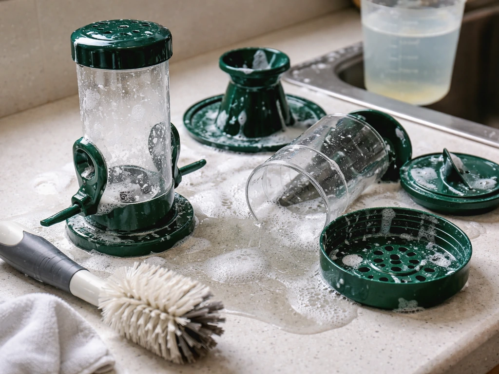 Disassembled bird feeder parts on a sink counter being scrubbed with hot soapy water and a stiff brush.