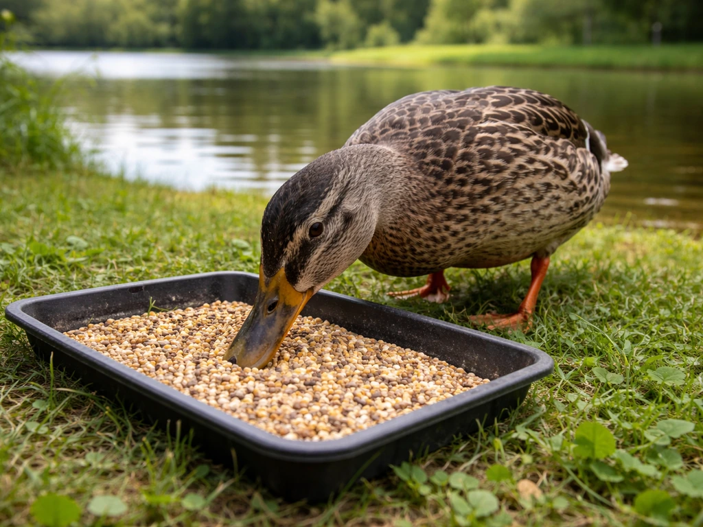 A duck feeding from a shallow tray of plain bird seed on grass by a pond