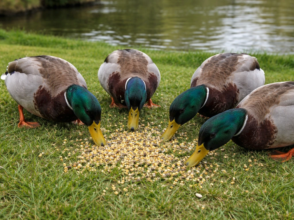 Ducks eating scattered bird seed on grass near a pond, natural light.