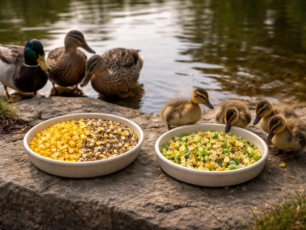 Two feeding bowls by a pond: whole kernels for adult ducks and smaller safe pieces for ducklings