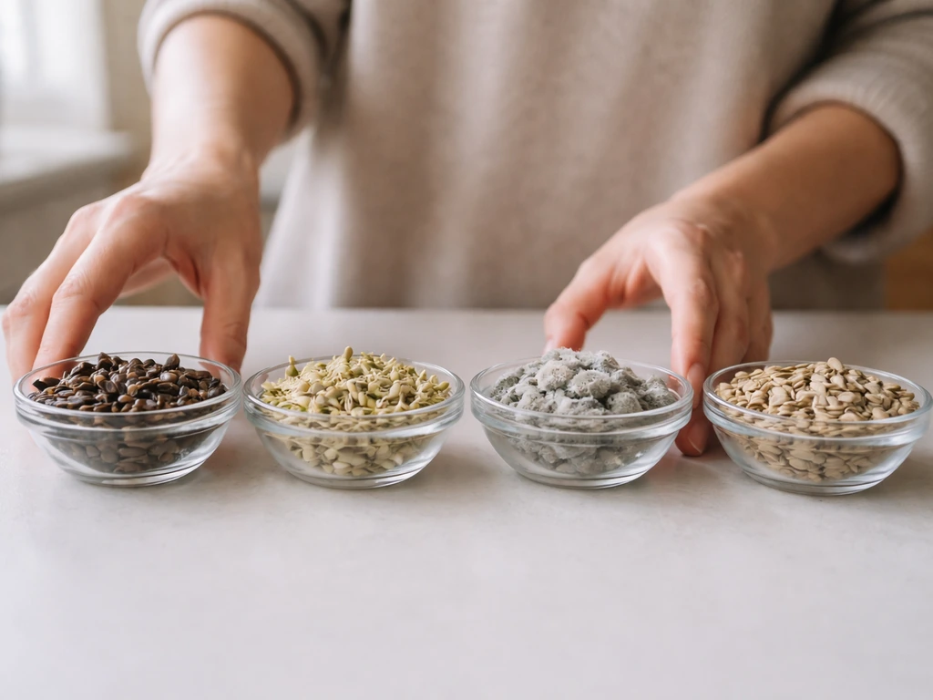 Three small containers showing damp, sprouted, and moldy seeds beside dry clean seeds