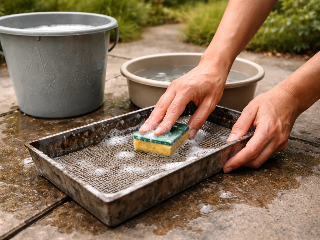 Hands scrubbing a bird feeding tray with a bucket and water basin outdoors, focused on clean hygiene.