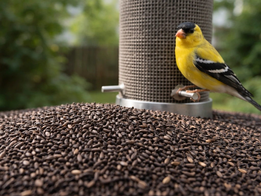 Close-up of Nyjer birdseed grains with a small finch perched at a fine-port feeder