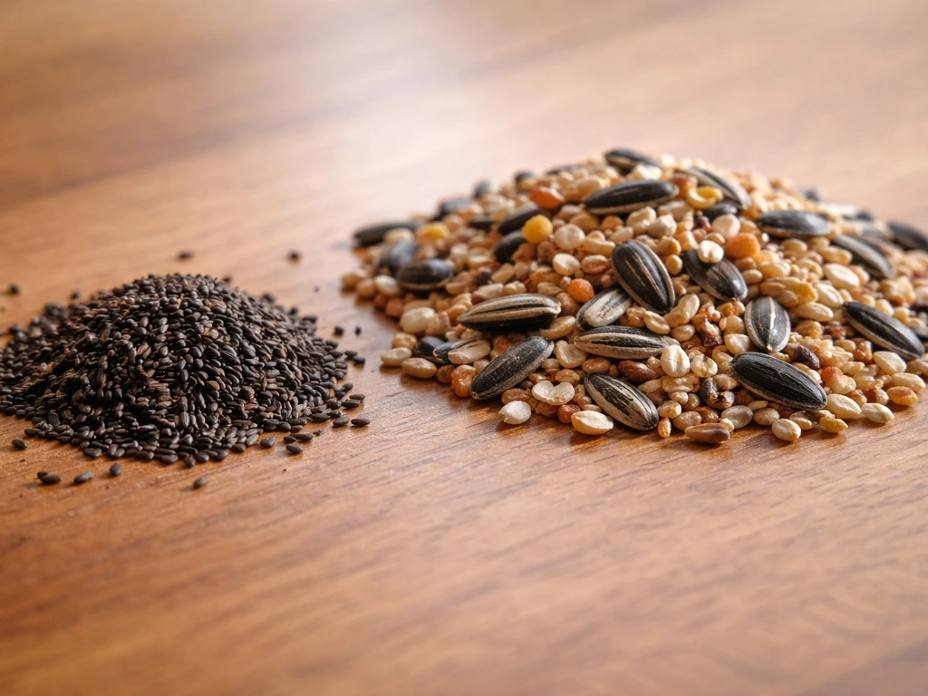 Tiny dark Nyjer seeds in a small pile next to larger bird seed grains on a wooden surface.