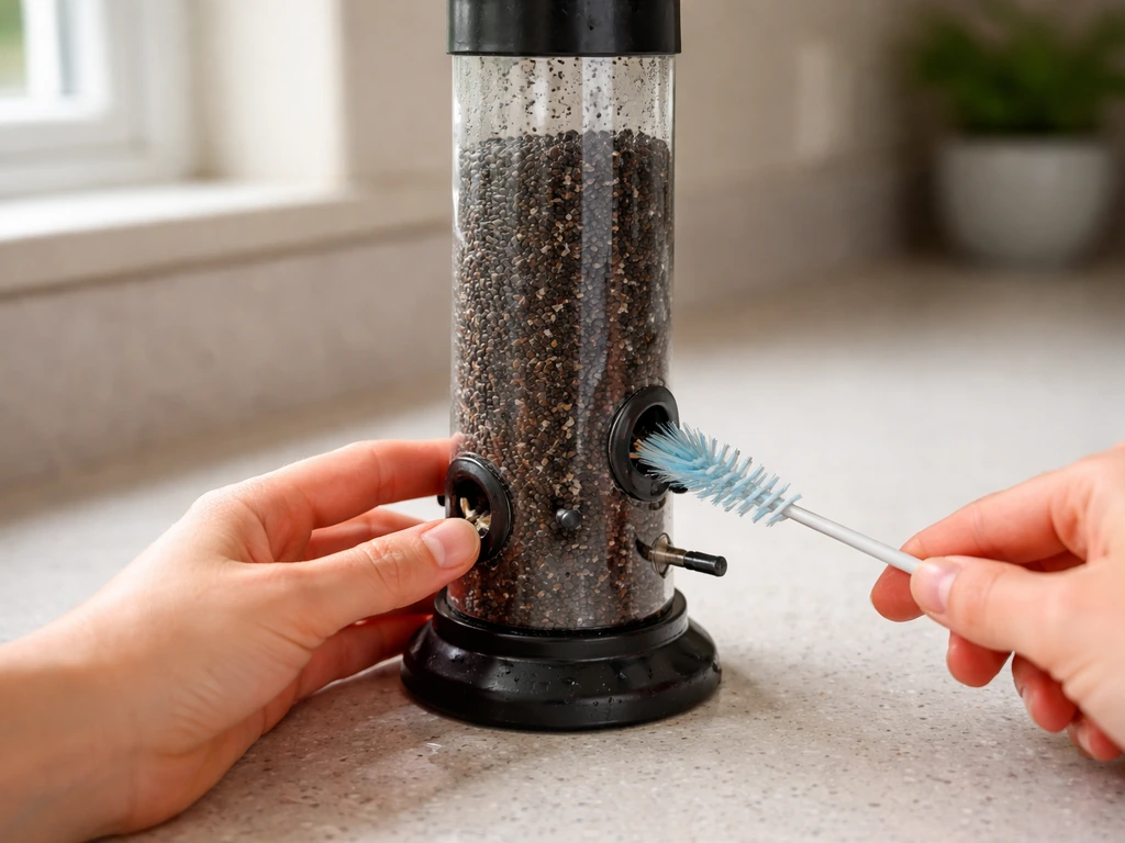 Hands holding a cleaned Nyjer tube feeder while a bottle brush is inserted into its small ports.