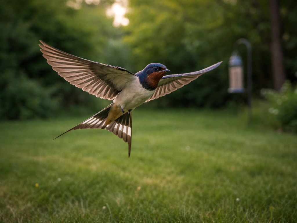 Barn swallow flying midair with a small birdseed feeder softly blurred in the background.