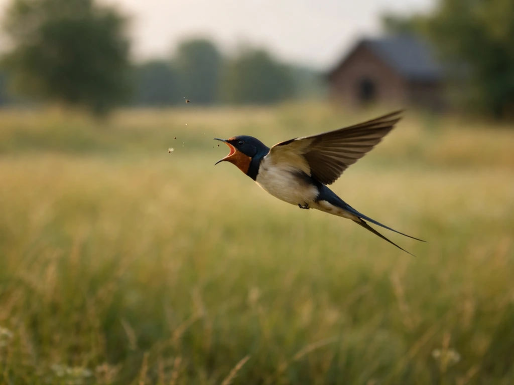 Barn swallow flying low and catching insects over a rural field, with no seeds in view.