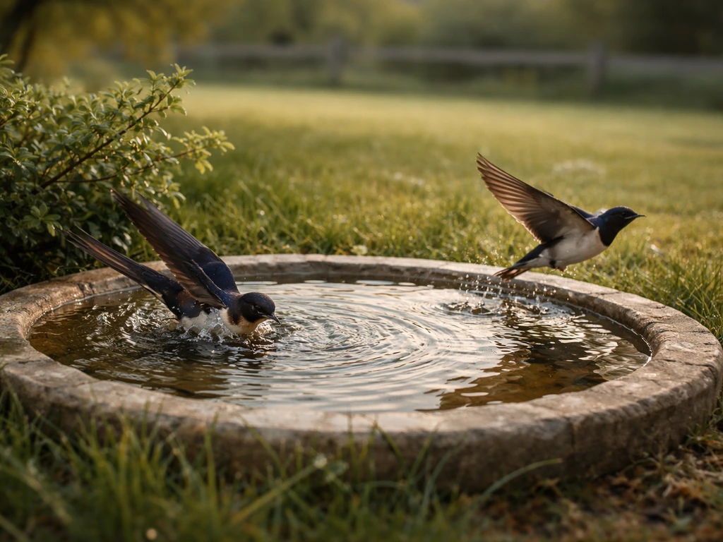 Barn swallows skimming and bathing over a shallow low birdbath in a quiet backyard yard.