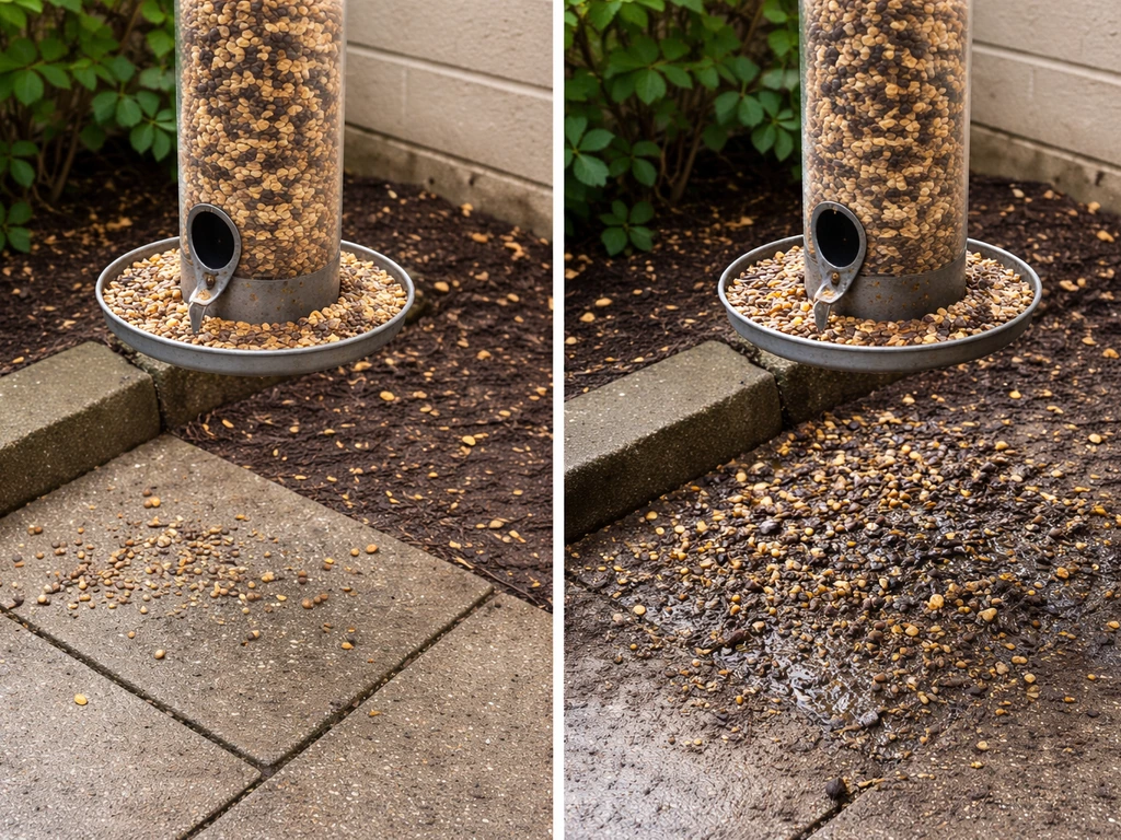 Split scene showing a clean, dry bird feeder area versus a messy, wet seed and debris area attracting pests.
