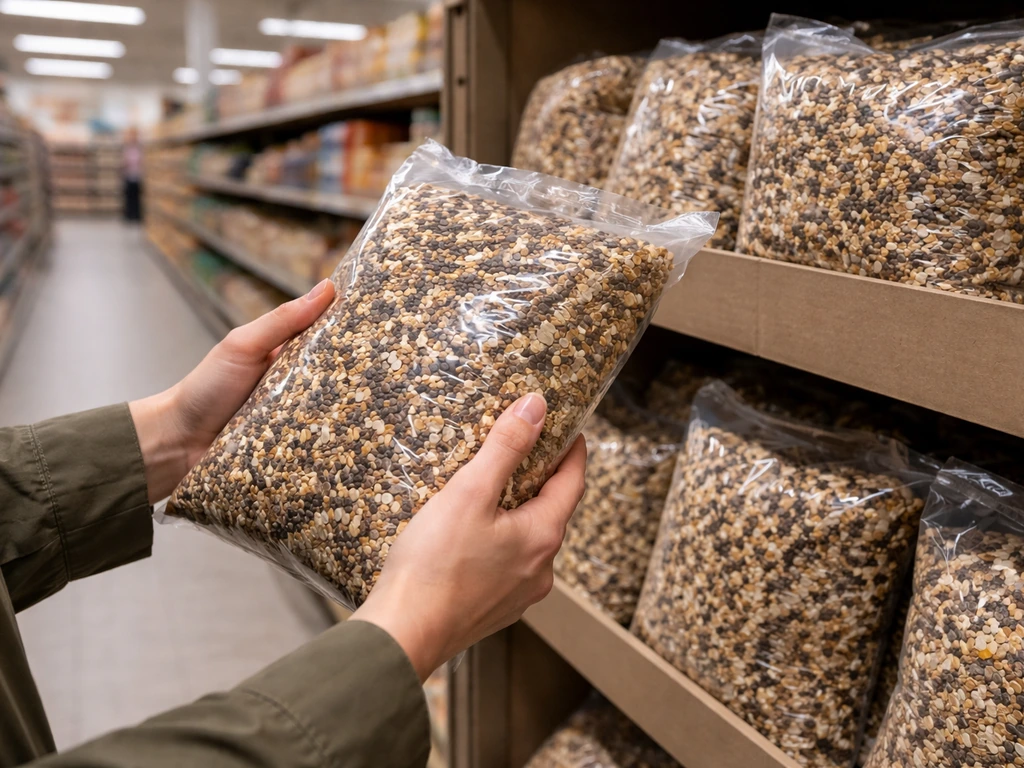 Shopper’s hands select a bag of bird seed near an end-of-shelf display in an Aldi aisle.