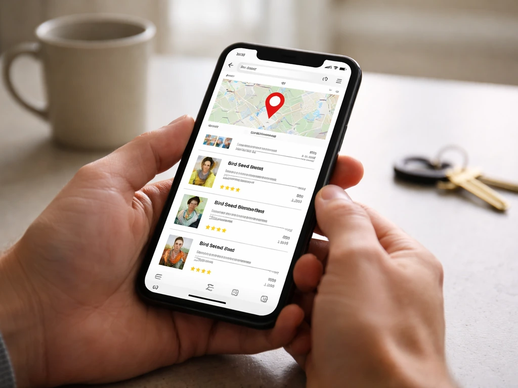 Person holds a smartphone showing a store-location pin and search for bird seed on an Aldi-style website