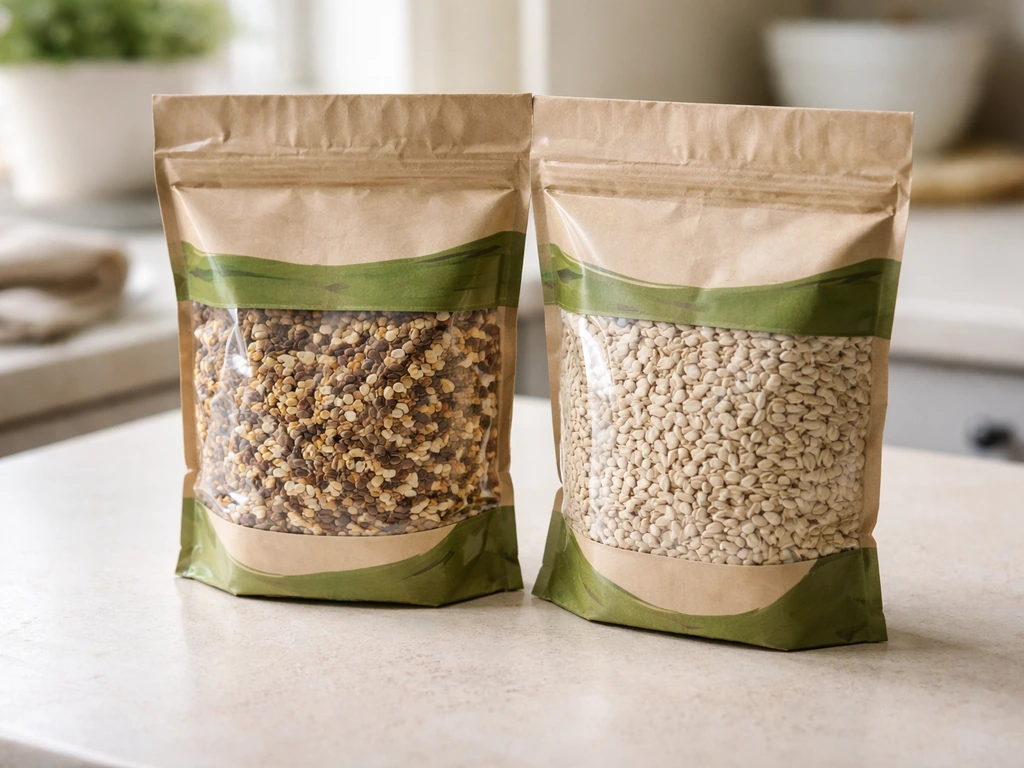 Two bags of bird seed blends on a kitchen counter, seed textures visible in natural light.