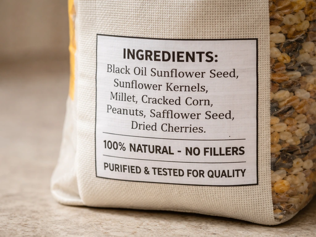 Close-up of a bird seed bag label with crisp ingredient text and a focus on seed purity.