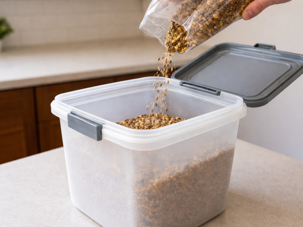 Bird seed being poured from a bag into a hard airtight container on a kitchen counter indoors.