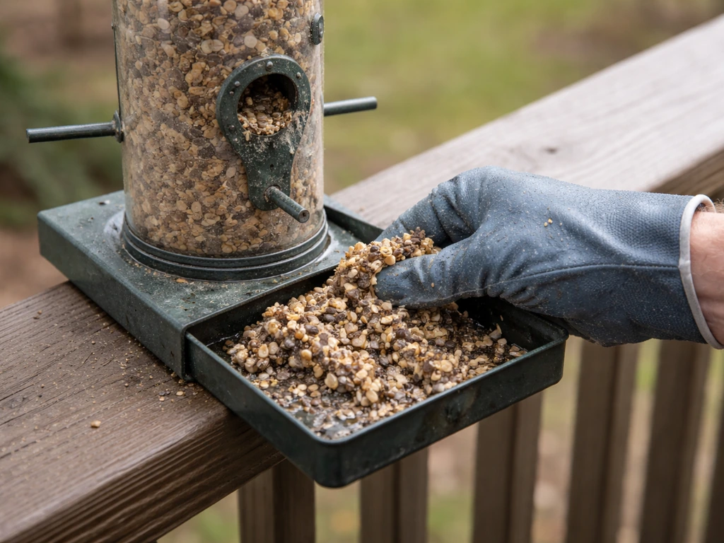 Gloved hand removing wet, clumped moldy bird seed from a damp feeder.