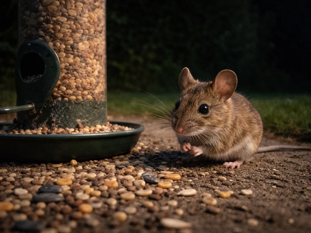 A wood mouse at a UK garden bird feeder at night, with spilled bird seed visible in the dark