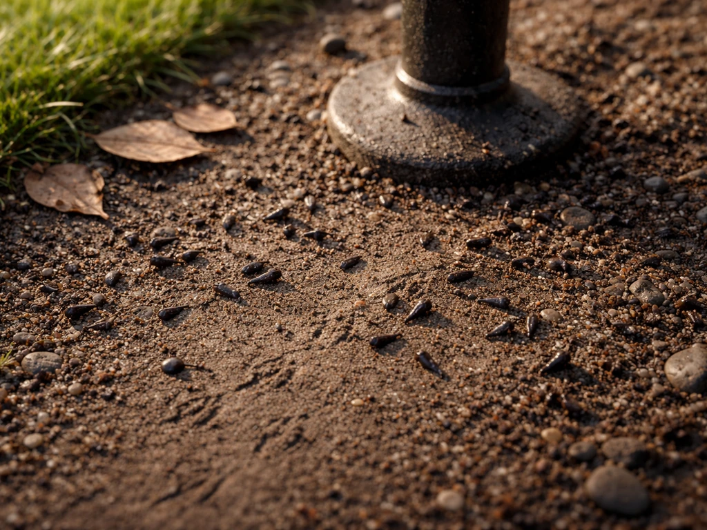 Overhead morning close-up of tiny mouse tracks and spindle-shaped droppings by a bird feeder base.