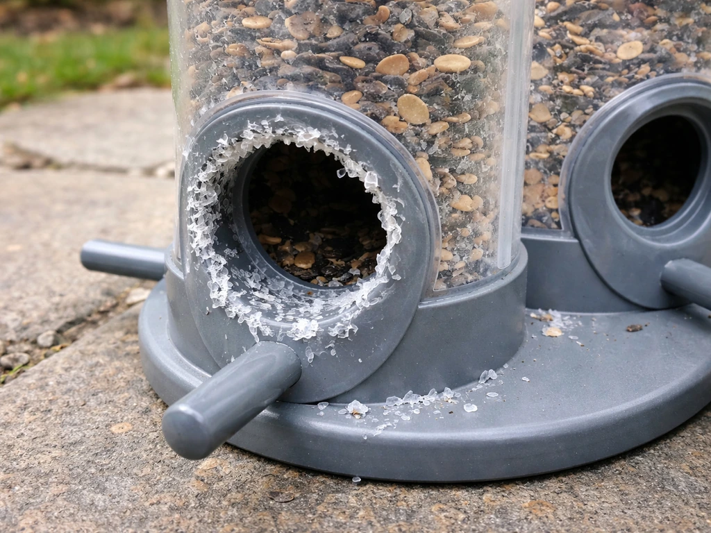 Close-up of a seed-hopper feeder port with gnawed plastic and splintered damage beside an intact section.