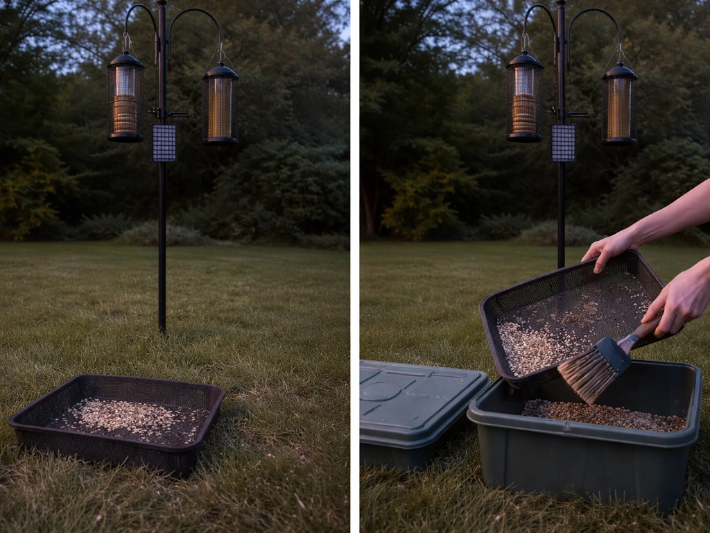 Dusk backyard feeding area: ground tray and scattered seed being removed before night theft.