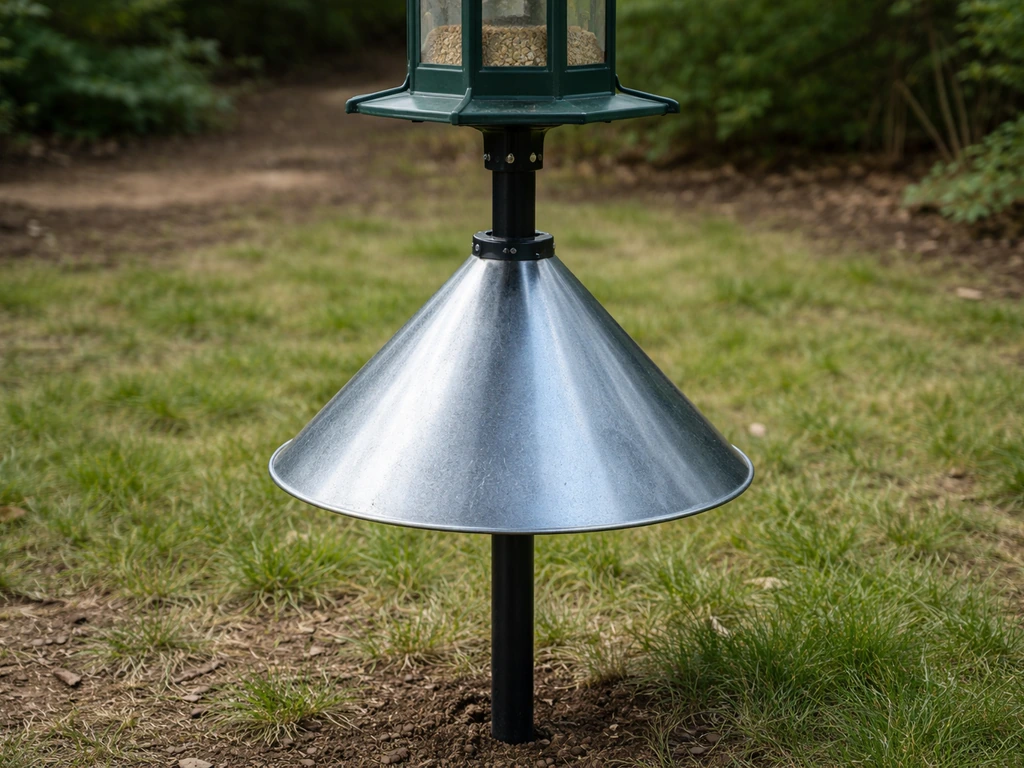 Close-up of a pole-mounted feeder with a cone-shaped baffle installed below to deter rodents.