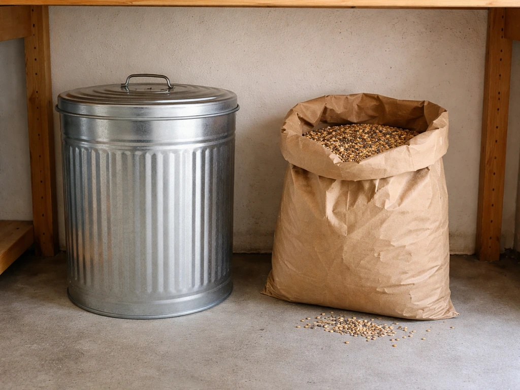 Sealed metal bird-seed container in a dry shed beside an open seed bag exposed to rodents.
