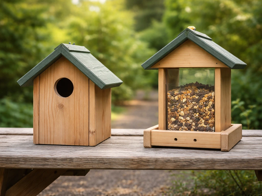 Side-by-side cavity birdhouse and bird feeder shaped like a birdhouse on an outdoor bench.
