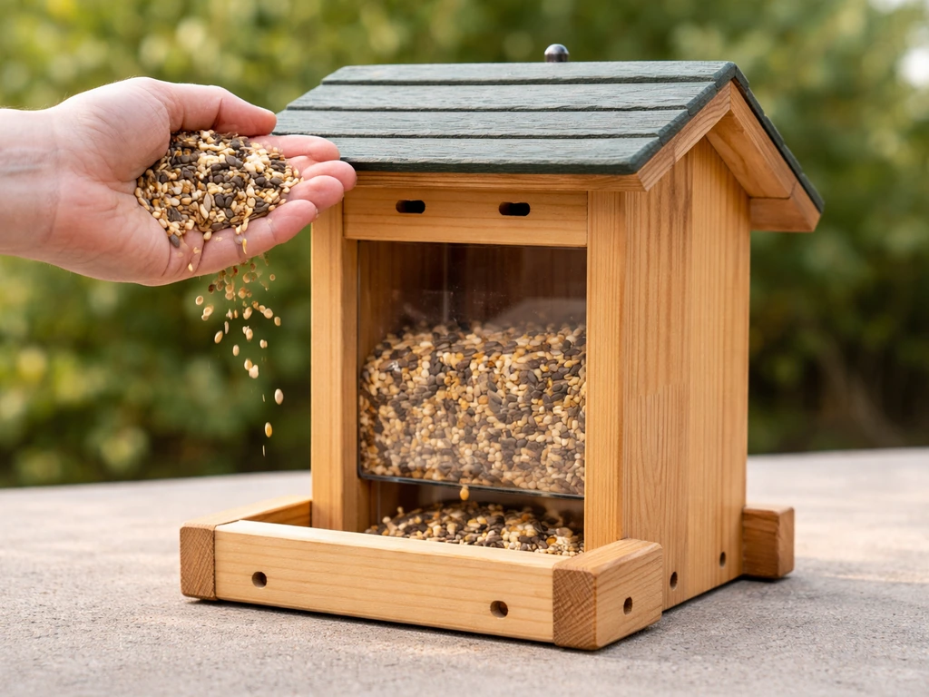 A bird feeder birdhouse with drainage holes as a hand pours dry seed into the compartment