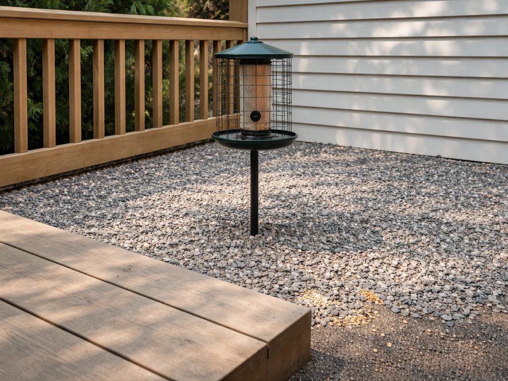 Elevated bird feeder on a deck with a clear gap and gravel, suggesting seed kept out of reach of rodents.