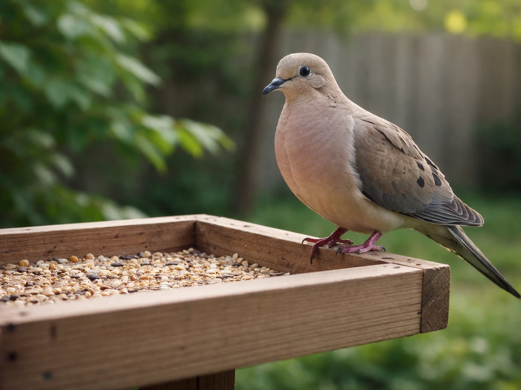 A mourning dove perched at a platform seed tray feeder with visible bird seed in a backyard setting.