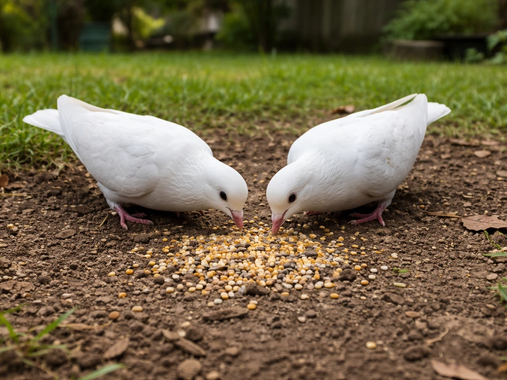 Two white doves foraging on the ground, eating from a visible scoop of wild bird seed in a yard.