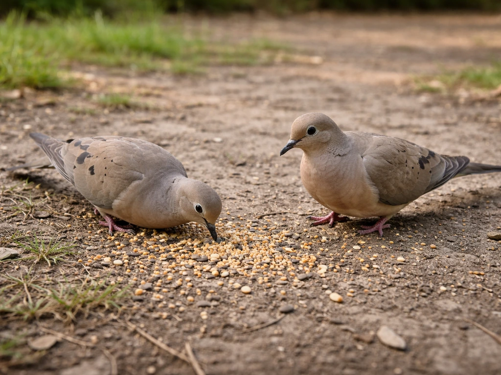 Doves foraging on scattered birdseed on bare ground in an open backyard area