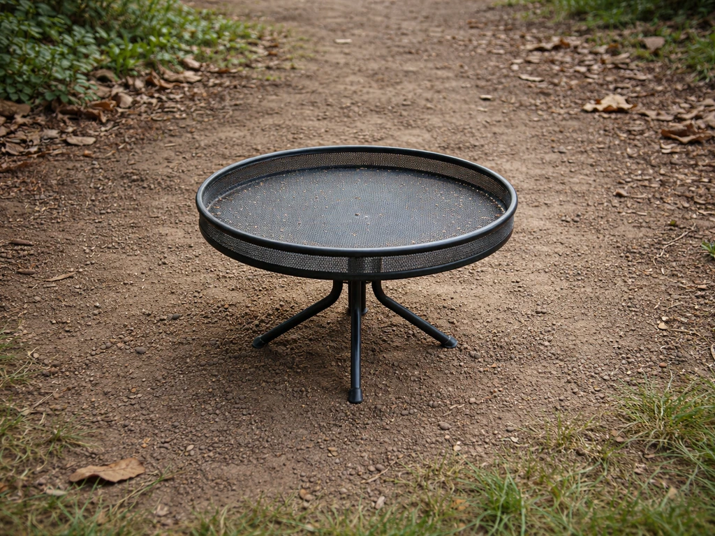 Cleaned platform dove feeder with scraped tray and swept ground clear of droppings and hulls.