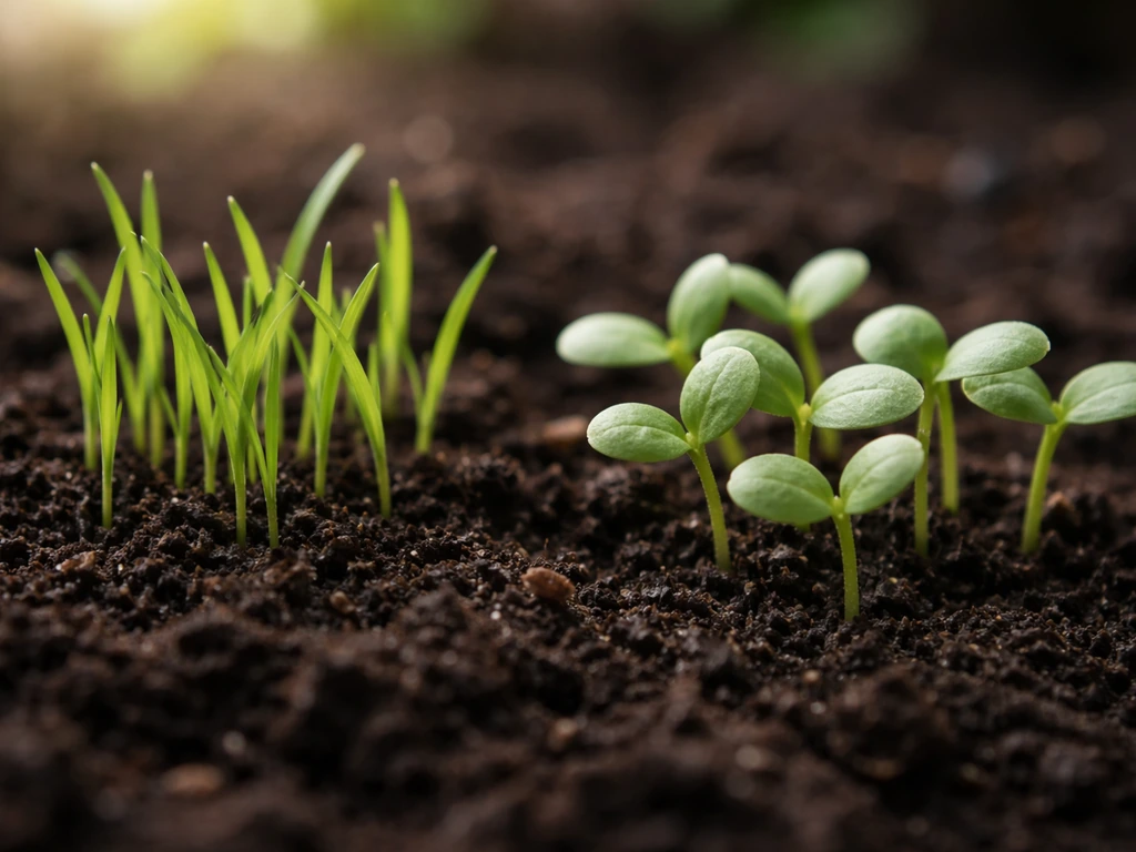 Close-up of two types of weed sprouts in soil—grass-like seedlings and broadleaf cotyledons.