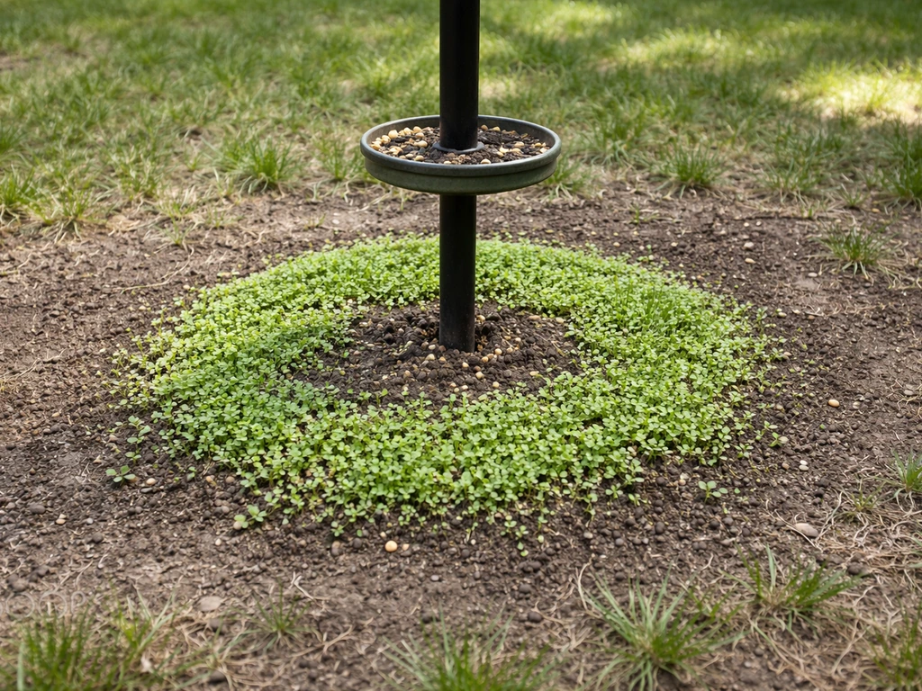 Close-up of lawn seedlings in a rough circle beneath a bird feeder, with bare grass nearby.