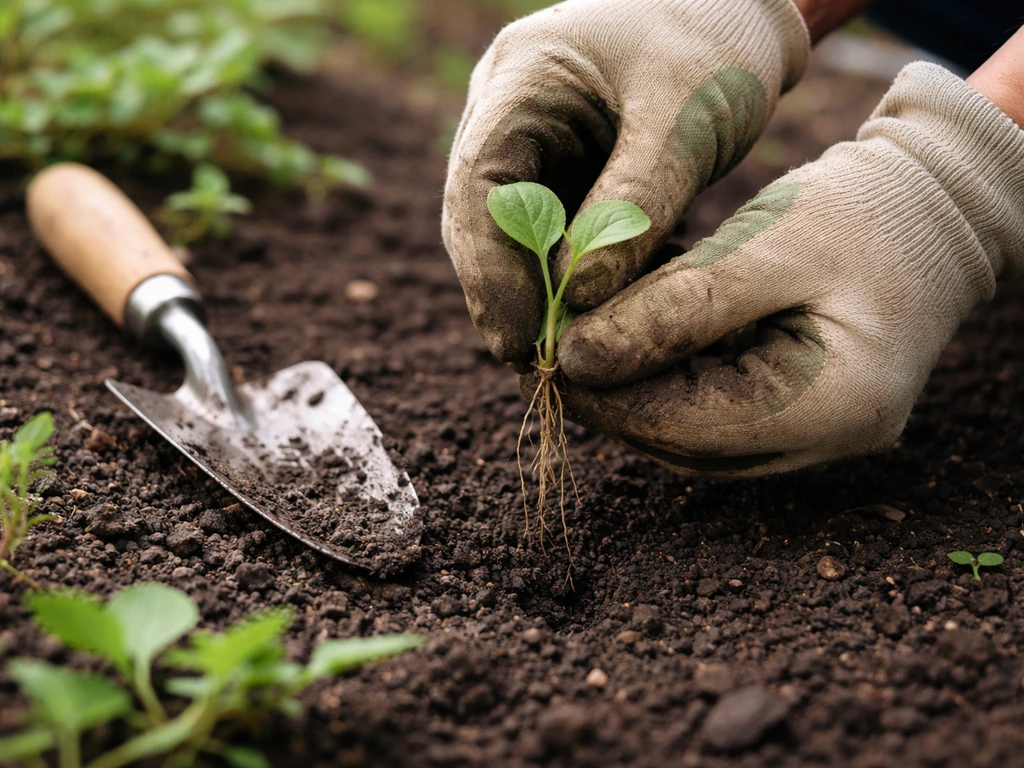 Hands in gloves pulling a tiny seedling straight up from moist soil