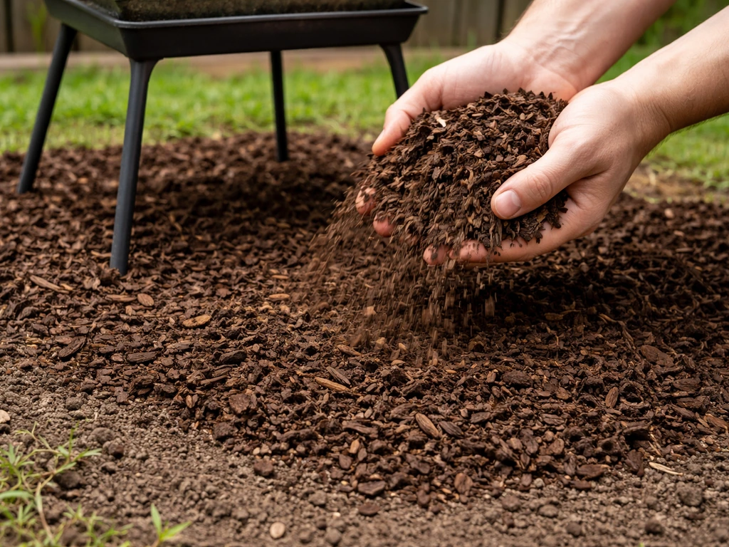 Hand spreading dark mulch over bare soil beneath a small feeder in a garden