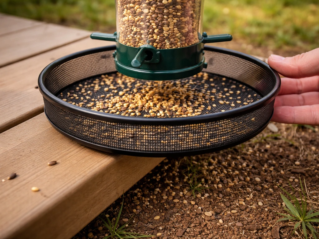 Under-feeder seed tray catching spilled birdseed beneath a backyard bird feeder.