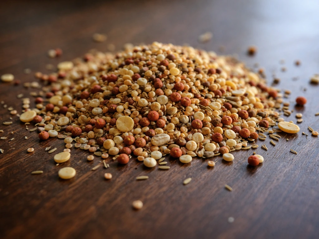 Mixed bird seed grains and small seeds scattered on a dark wooden table.