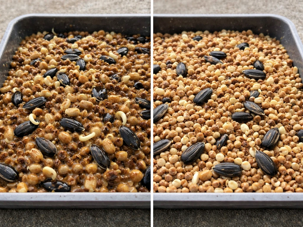 Split view of wet sprouted bird seed beside dry unsprouted seed in a simple feeder tray setting.