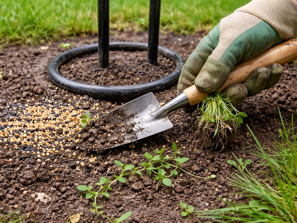 Gloved hand pulling sprouted seedlings from damp soil under a bird feeder, with wet seed nearby.