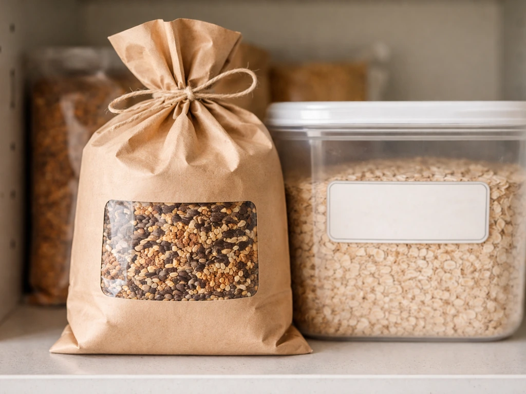 Sealed bird seed bag beside an empty-label storage container in a cool, dry pantry
