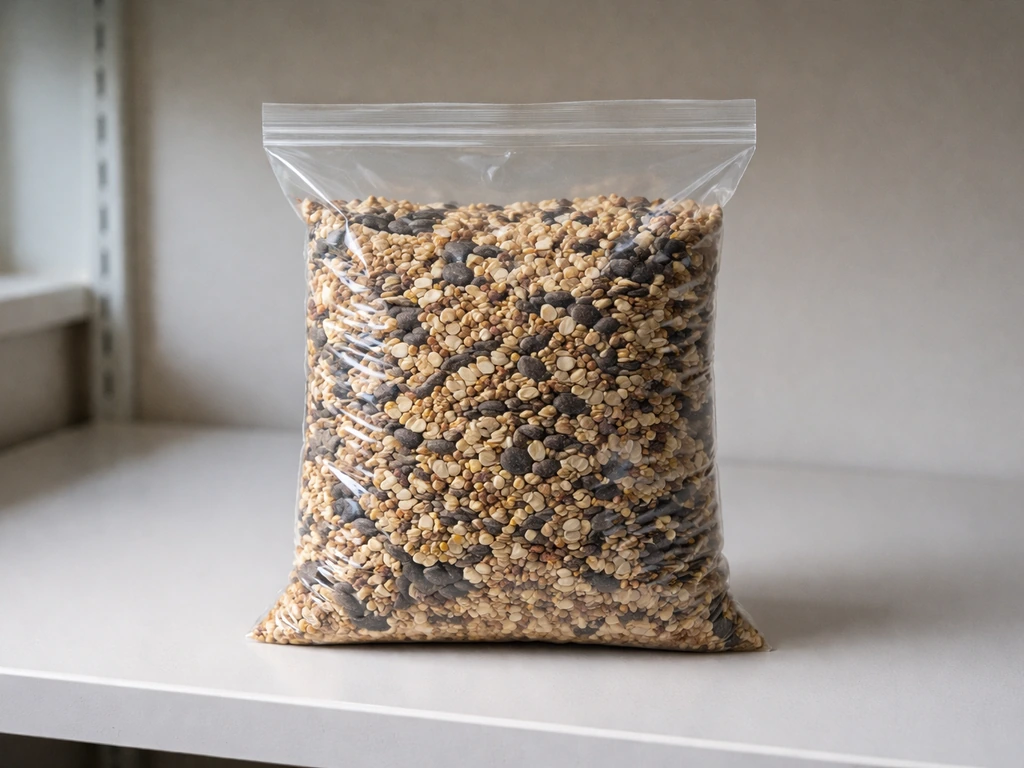 Sealed bird seed bag on a shelf in a cool, dry pantry setting