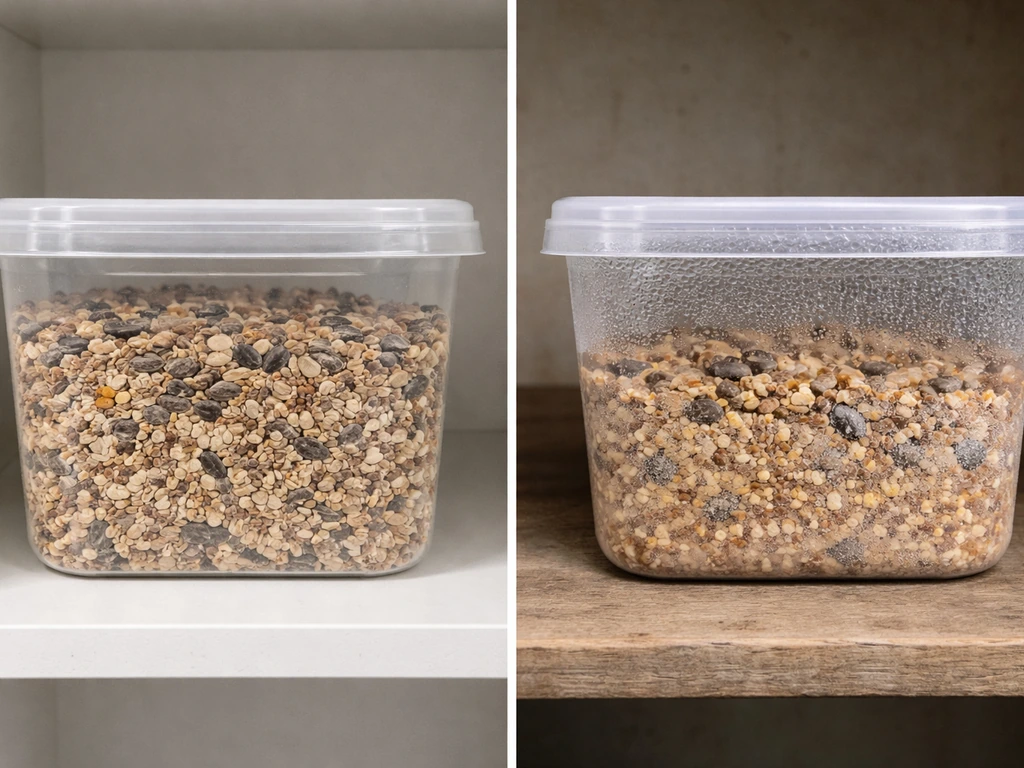 Split image of dry vs damp bird seed in sealed containers showing condensation and moisture damage cues.