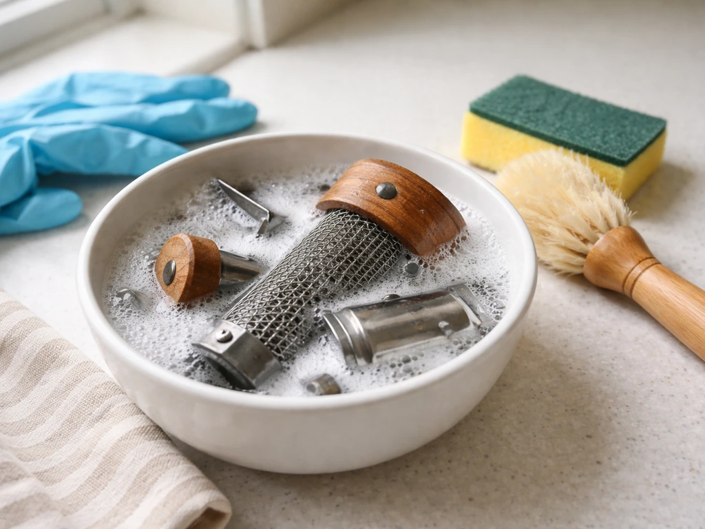 Bird feeder parts soaking in warm soapy water with a scrub brush beside them on a clean counter.